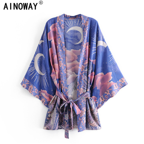 Boho Vintage blue Floral Print Sashes  Women bohemian V Neck batwing Sleeves  happie short robe Kimono ► Photo 1/6