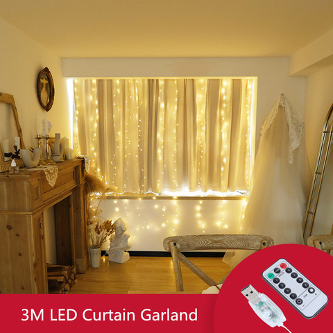 3M LED Curtain Light USB Power Remote Control Eight Function Modes Fairy Christmas Garland Window String Lights Party Decoration ► Photo 1/6