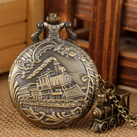 Vintage Bronze Quartz Pocket Watch Train Locomotive Engine Necklace Pendant Chain Best Gifts for Men Women with Train Accessory ► Photo 1/6