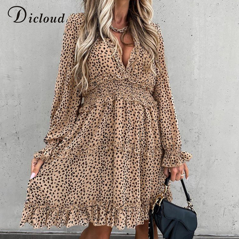 DICLOUD Sexy Leopard Print V Neck Mini Party Dress Women Long Sleeve 2022 Spring Ruffle Vintage Dresses Elegant Ladies Clothing ► Photo 1/5