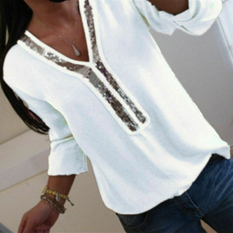 Hirigin Fashion Women Ladies Long Sleeve Loose Blouse Summer V-Neck Casual Shirts Tops Clothing Sequined Casual Soft Clothes ► Photo 1/6