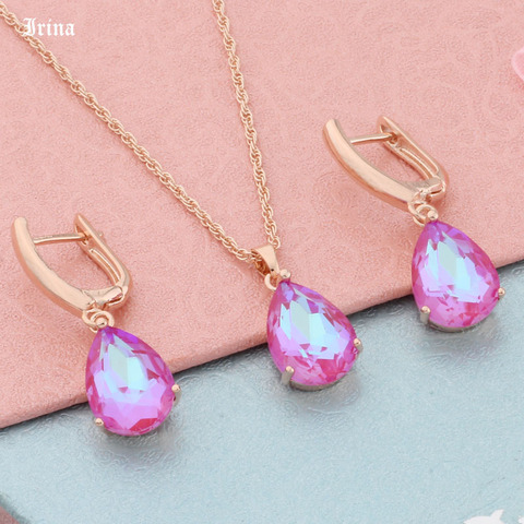 Luxury Women 585 Rose Gold Colorful Wedding Jewelry Set Water Drop Wedding Jewelry Sets Chain Pendant Necklace Earrings Party ► Photo 1/6