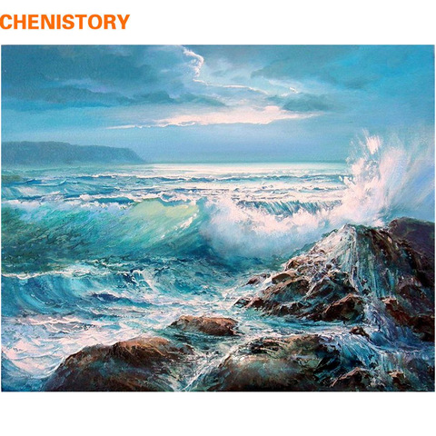 CHENISTORY 60x75cm Frame Wave DIY Painting By Numbers Kit Landscape Coloring By Numbers Acrylic Canvas Painting For Home Gift ► Photo 1/6