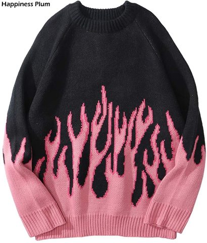 Men's Sweaters Streetwear Retro Women Pink Flame Knitted Pullover Sweater Tops Hip Hop New Pull Over Casual Harajuku Sweatshirts ► Photo 1/6