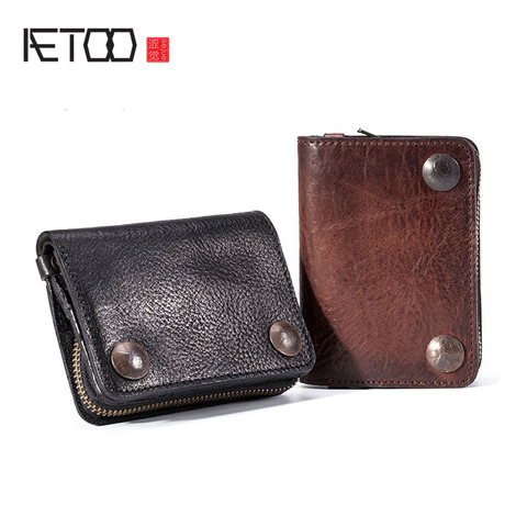 AETOO Vegetable tanned top layer leather men's short wallet retro leather small ticket holder zipper coin purse release driver's ► Photo 1/1