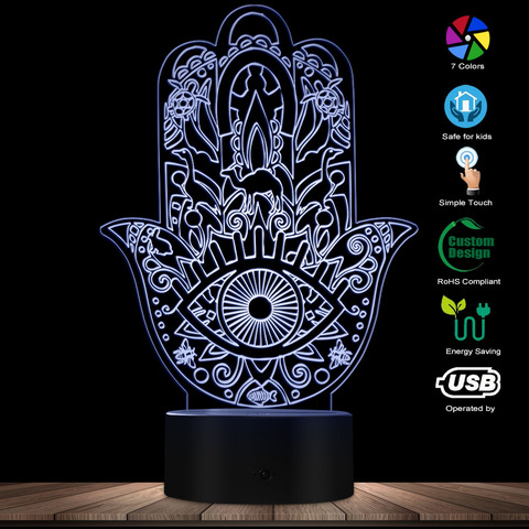 Hamsa With Boho Pattern Novelty Lighting Buddhas Hand Mandala Hamsa Symbol Optical illusion Light Buddhism Decorative Desk Lamp ► Photo 1/6