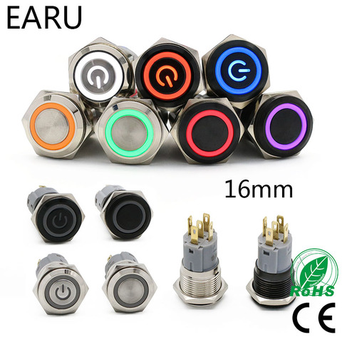 16mm Waterproof Metal Push Button Switch LED Light Anodize Oxide Black Momentary Latching Car Engine PC Power Switch 3-380V Red ► Photo 1/6