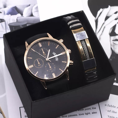 Men Watch Bracelet Set Fashion Sport Wrist Watch Alloy Case Leather Band Watch Quartz Business Wristwatch calendar Clock Gift ► Photo 1/6