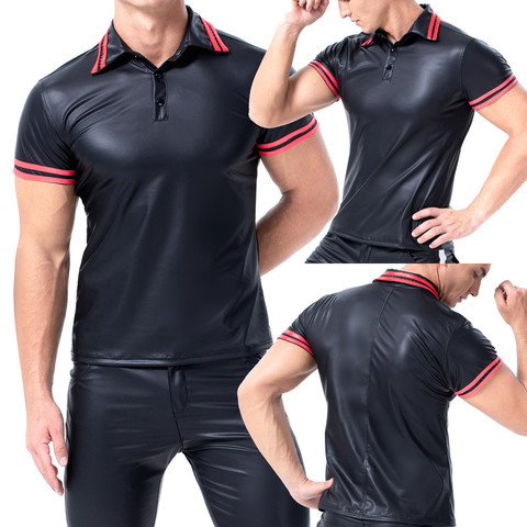 Plus Size Mens T-shirts Faux Leather Short Sleeve Shirts Tee Sports Fitness Body Shapers Streetwear Undershirts Casual Outfits ► Photo 1/6