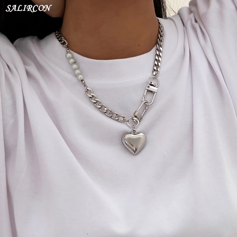 Salircon Punk Stainless Steel Heart Pendant Necklace for Women Kpop Steel Ball Lock Key Chain Necklace Gothic Jewelry Gift 2022 ► Photo 1/6