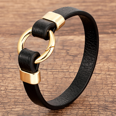 Trendy Genuine Leather Men's Jewelry Gold Metal Round Spring Clasp Simple Leather Rope Bracelet For Women Male Gifts ► Photo 1/6