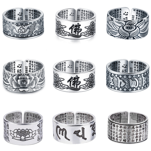 Silver-color Jewelry Lotus Flower Open Ring for Men Male Fashion Free Size Buddhistic Heart Sutra Rings Gifts ► Photo 1/6