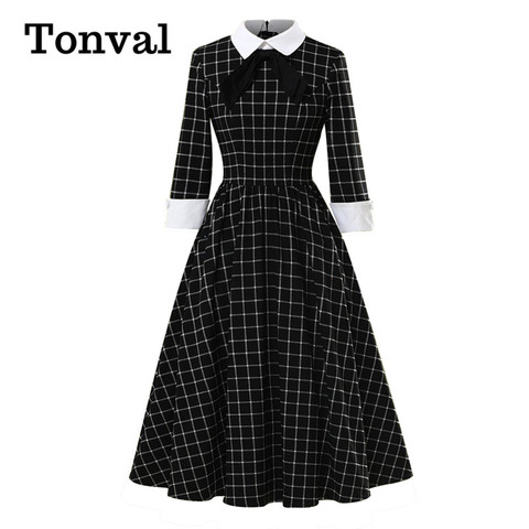 Tonval Knot Neck Black and White Plaid Vintage Cotton Midi Dresses for Women Elegant Party 3/4 Length Sleeve Spring Dress ► Photo 1/6