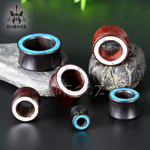 KUBOOZ Latest Design Fashion Wood Blue White Stone Ear Tunnels Expanders Piercing Body Jewelry Ear Gauges Stretchers 8-25mm ► Photo 1/6