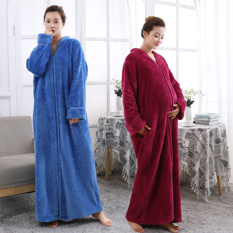 Women Plus Size Thickening Flannel Extra Long Thermal Bathrobe Lovers Zipper V-Neck Winter Warm Bath Robe Pregnant Wedding Robes ► Photo 1/6