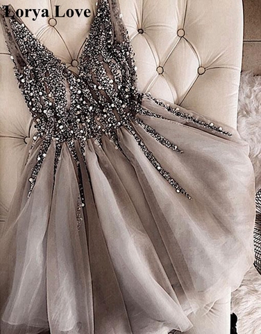 Gray Cocktail Dresses 2022 V-Neck Sparkles Sequins Beading Tulle Short Prom Dresses Vestidos De Gala Women Graduation Gown Robe ► Photo 1/6