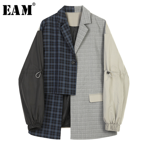 [EAM]  Women Blue Plaid Asymmetrical Big Size Blazer New Lapel Long Sleeve Loose Fit Jacket Fashion Spring Autumn 2022 1B4690 ► Photo 1/6