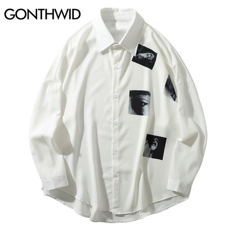 GONTHWID Creative Print Long Sleeve Dress Shirts Hip Hop Harajuku Urban Casual Button Donw Streetwear Shirt Tops Fashion Shirts ► Photo 1/6