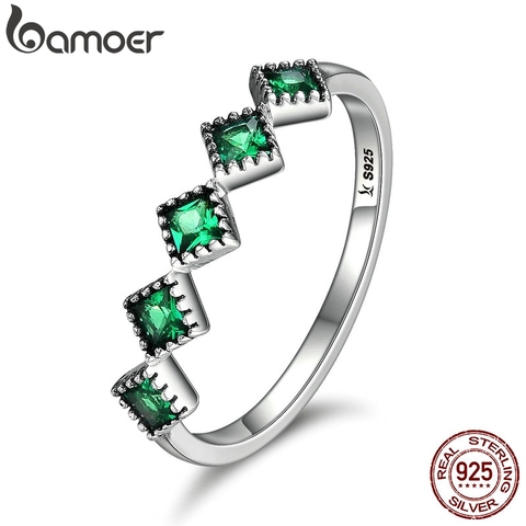 BAMOER High Quality 925 Sterling Silver Stackable Square Green CZ Finger Rings for Women Wedding Engagement Jewelry Gift SCR097 ► Photo 1/6