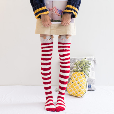 Helisopus Women Cartoon Coral Velvet Knee Socks Lady Lovely Warm Comfortable Thick Long Socks Winter Striped Christmas Stockings ► Photo 1/6