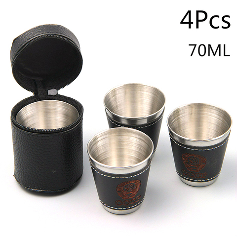 4pcs/lot 70ml Outdoor Camping Tableware Travel Cups Set Picnic Supplies Stainless Steel Wine Beer Cup Whiskey Mugs PU Leather ► Photo 1/6