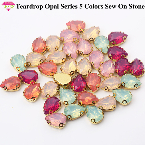 RESEN 20PCS Mix Colors Sew on Rhinestone Teardrop With Gold Claw  Resin Pink/ Green/Peach/Fuchsia Opal Rhinestones for Clothing ► Photo 1/6