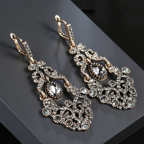 Kinel Fashion Antique Gold Big Drop Earrings For Women Bohemia Gray Crystal Flower Vintage Wedding Earrings Turkish Jewelry ► Photo 1/6