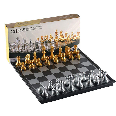 Hot Folding Magnetic Travel Chess Set For Kids Or Adults Chess Board Game 25x25cm (Gold&Silver Chess Pieces) ► Photo 1/6