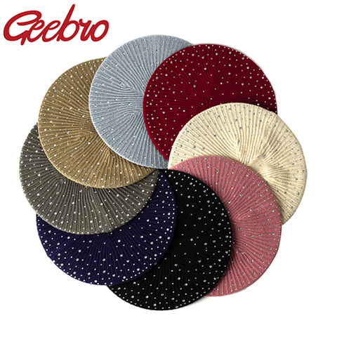 Geebro Women Autumn Winter Beret Hat Female Knitted Casual berets Luxury Rhinestone Sequins Caps Fashion Solid color Gorros ► Photo 1/6