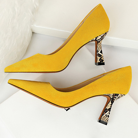 2022 Women 7.5cm High Heels Shoes Office Yellow Snake Print Snakeskin Low Heels Scarpins Pumps Serpentine Plus Size 34-43 Shoes ► Photo 1/6