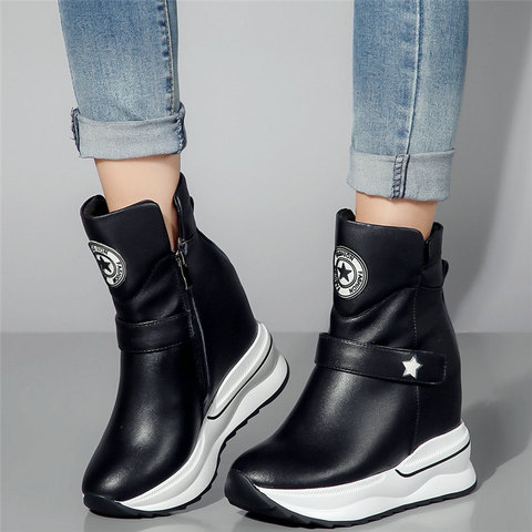 Black White Trainers Women Genuine Leather Wedges High Heel Ankle Boots Female High Top Round Toe Fashion Sneakers Casual Shoes ► Photo 1/6