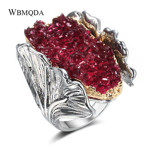 Wbmqda Big Natural Stone Women Ring Vintage Look Tibetan Silver Fashion Red Crystal Flower Bride Wedding Rings Antique Jewelry ► Photo 1/6