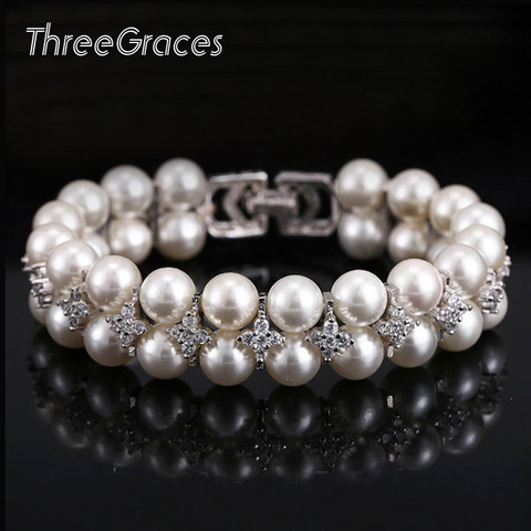 ThreeGraces Newest Bridal Jewelry Accessories Handmade Simulated Double Pearl Big Wedding Bracelets Bangles with Zirconia BR066 ► Photo 1/6