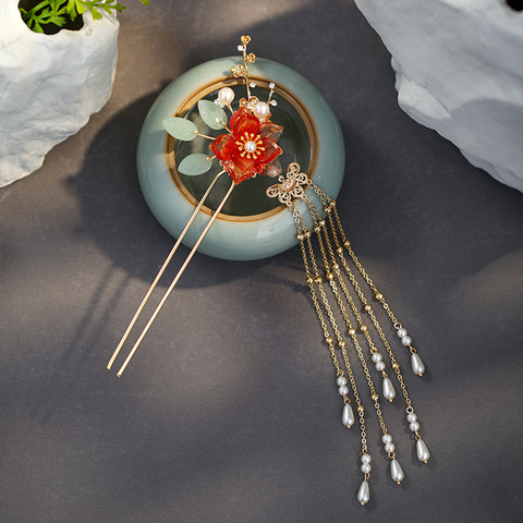 New Vintage Chinese Hanfu Dress Clothing Hairpins Clips Flower Pearls Long Tassel Step Shake Hair Forks Sticks for Bride Noiva ► Photo 1/6