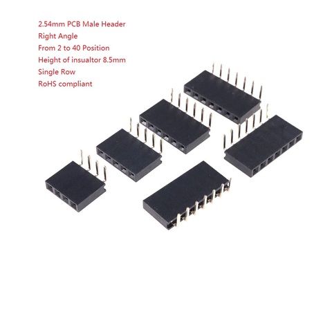 Horizontal 2.54 mm PCB Female Header Single Row Right Angle 2 to 40 Pin Strip Connector through Holes Board SIP Socket 8.5mm H ► Photo 1/6