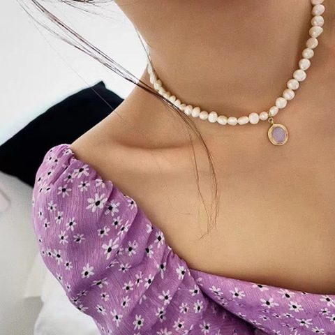 Moonstone Natural Pearl Necklace Baroque Irregular Necklaces Women Round  Chokers Vintage French Pearl Pendant Clavicle Chain ► Photo 1/6