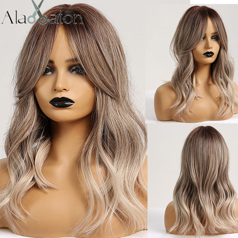 ALAN EATON Synthetic Hair Wig Ombre Brown Light Ash Blonde Medium Wave Wig for Black Women Heat Resistant Fiber Daily False Hair ► Photo 1/6