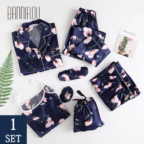 Women's 7 Pieces Pajamas Sets Emulation Silk Printed Floral Pyjama Women Sleepwear Sets Spring Summer Autumn Homewear 2022 New ► Photo 1/6