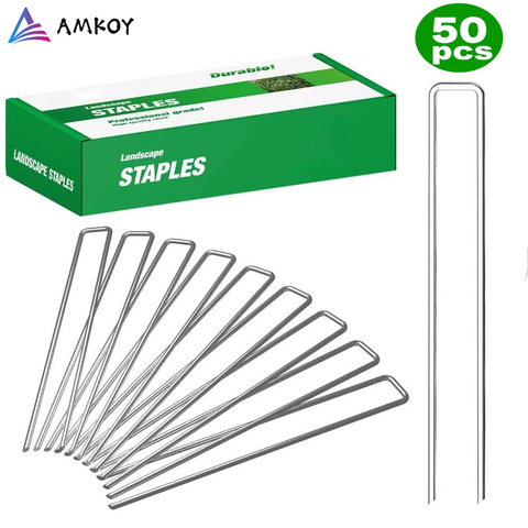 AMKOY 50 pcs U Shape Gauge Galvanized Steel Garden Stakes Staple Securing Pegs For Securing Weed Fabric Landscape Fabric Netting ► Photo 1/6