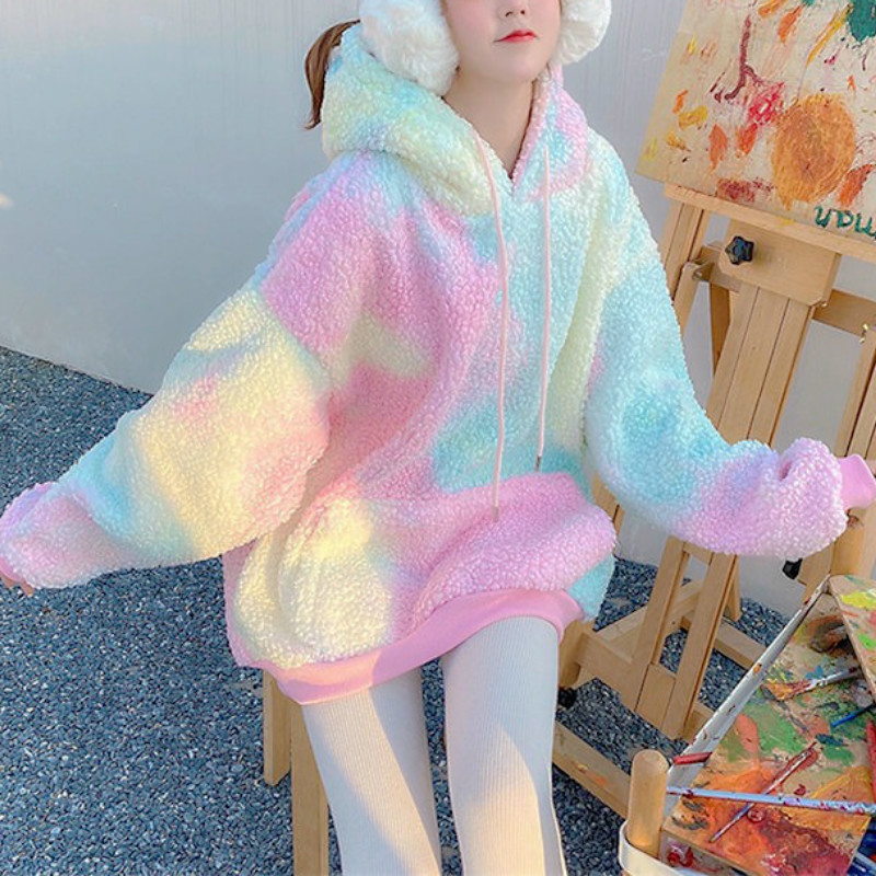 Rainbow Tie Dye Faux Fur Jacket Kawaii Harajuku Pastel  Oversized Colorful Coat 