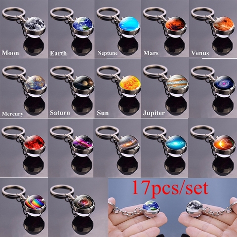 17Pcs/set Solar System Set Planet Keyring Galaxy Nebula Star Keychain Moon Earth Picture Double Side Glass Ball Key Chain ► Photo 1/6