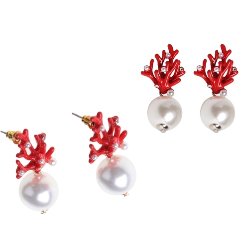 Women Acrylic Enamel Red Coral Resin Antlers Pearl Stud Earrings Fashion Jewelry ► Photo 1/6