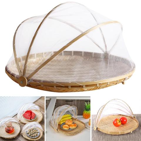 Hand-Woven Food Serving Tent Basket Tray Fruit Vegetable Bread Storage Basket Simple Atmosphere Outdoor Picnic Mesh Net Cover ► Photo 1/6