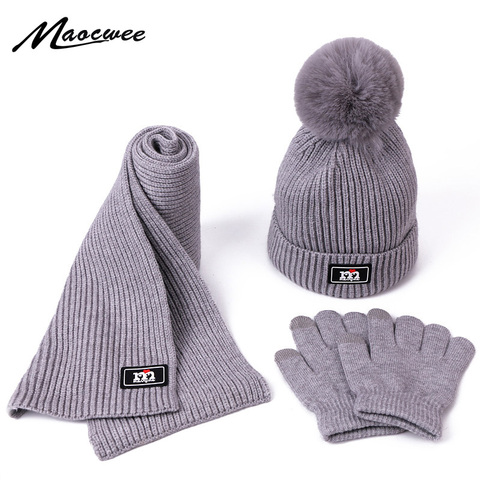 Children Winter Warm Knitted Beanie Cap Scarf Gloves Set Outdoor Warm Beanie With Lining Kids Pom Pom Hat Scarf Gloves 3 PCS Set ► Photo 1/6