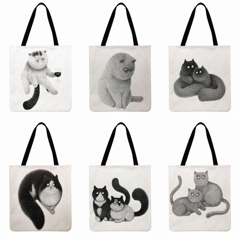 Pencil Painting Printing Tote Bag Big Stupid Cat Casual Tote Linen Febric Shoulder Bag Foldable Shopping Bag Beach Bags Women ► Photo 1/6