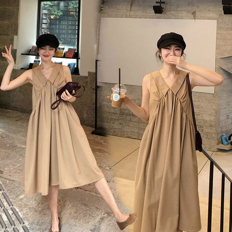 Women Summer Khaki Vintage Sleeveless Long Tank Dress Draped Loose Waistline Large Hem Midi Sundress ► Photo 1/5