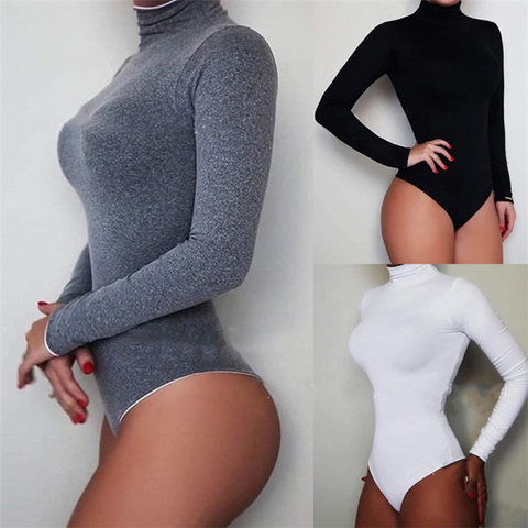 Women Bodysuit Top Turtleneck Long Sleeve Basic Slim Fit Solid