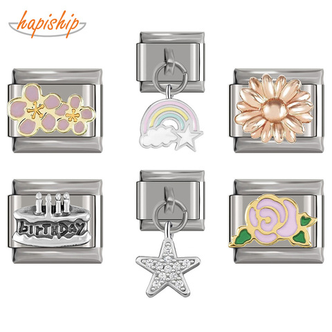 Hapiship 2022 New Original Daisy Flower Birthday Cake Star Italian Charm Fit 9mm Bracelet Stainless Steel Jewelry Making DJ295 ► Photo 1/6