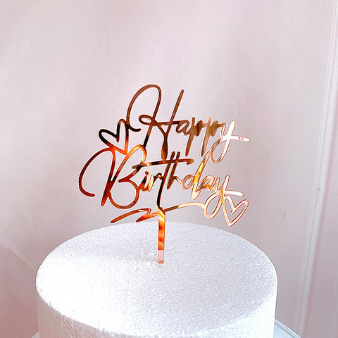 New Happy Birthday Cake Topper Rose Gold Heart Birthday Acrylic Cake Topper For Kids Birthday Party Cake Decorations Baby Shower ► Photo 1/6