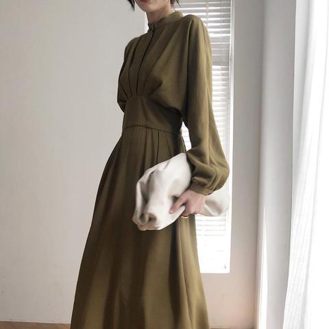 Vintage Long Sleeve Elegant Autumn Bodycon Dress Women Women's Spring Slimming Pleated Stand Collar Midi Dress Dresses Female ► Photo 1/5